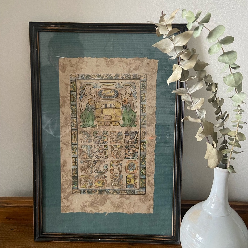 Mayan Calendar Print On Handmade Paper Parchment Vintage Mexico I Framed